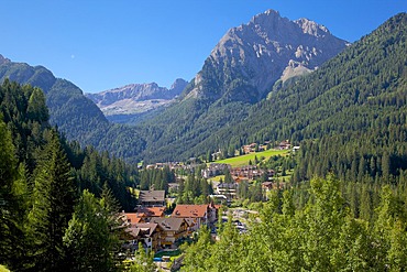 View over town, Canazei, Val di Fassa, Trentino-Alto Adige, Italy, Europe