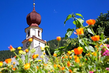 View to church, Canazei, Val di Fassa, Trentino-Alto Adige, Italy, Europe