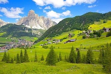 Corvara and Sass Songher Mountain, Badia Valley, Bolzano Province, Trentino-Alto Adige/South Tyrol, Italian Dolomites, Italy, Europe
