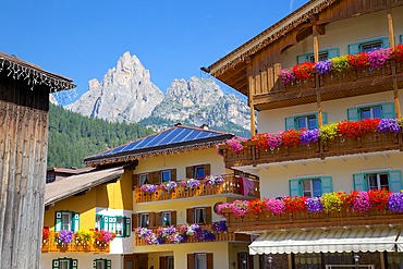 Balconies and flowers, Pozza di Fassa, Fassa Valley, Trento Province, Trentino-Alto Adige/South Tyrol, Italian Dolomites, Italy, Europe