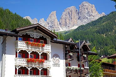 Chalet balconies, Ciampedel, Fassa Valley, Trento Province, Trentino-Alto Adige/South Tyrol, Italian Dolomites, Italy, Europe