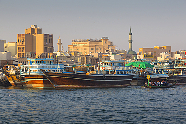 View of Deira District and boats on Dubai Creek, Bur Dubai, Dubai, United Arab Emirates, Middle East