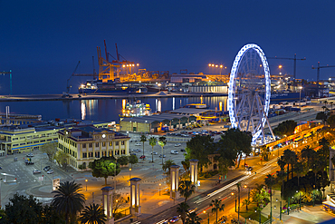 Elevated view of Malaga Marina and ferris wheel at dusk, Malaga, Costa del Sol, Andalusia, Spain, Europe