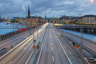 Riddarholmen Church and city skyline, Centralbron from Sodermalm, Stockholm, Sweden, Scandinavia, Europe