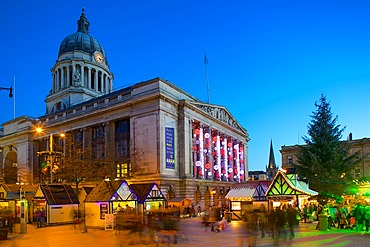 Council House and Christmas Market, Market Square, Nottingham, Nottinghamshire, England, United Kingdom, Europe
