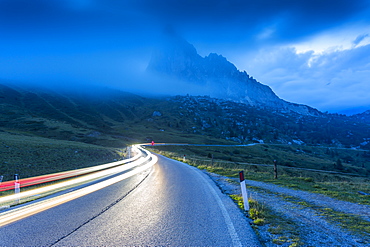 Traffic trail lights on Sella Pass, Province of Bolzano, South Tyrol, Italian Dolomites, Italy, Europe