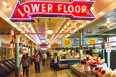 Neon lights and stalls in Farmers Market, Pike Place Market, Belltown District, Seattle, Washington State, United States of America, North America