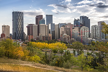 View of Bow River and Downtown from Sunnyside Bank Park, Calgary, Alberta, Canada, North America