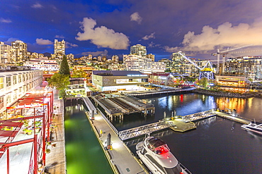 View of Lonsdale Quay in North Vancouver at dusk, Vancouver, British Columbia, Canada, North America