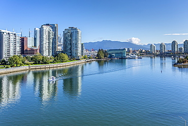 View of False Creek from Cambie Street Bridge and Vancouver skyline, Vancouver, British Columbia, Canada, North America