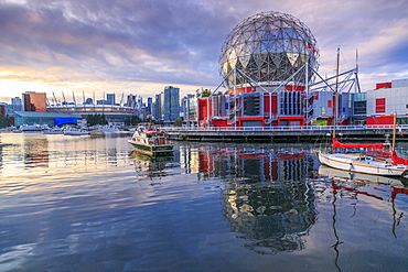 View of False Creek and Vancouver skyline, including World of Science Dome, Vancouver, British Columbia, Canada, North America