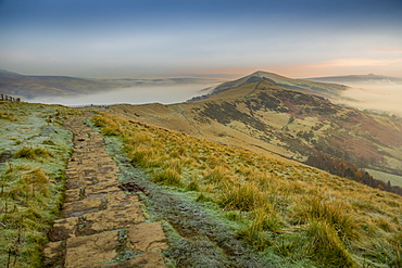 View from frosty Mam Tor of Hope Valley and Vale of Edale at sunrise, Castleton, Peak District National Park, Derbyshire, England, United Kingdom, Europe