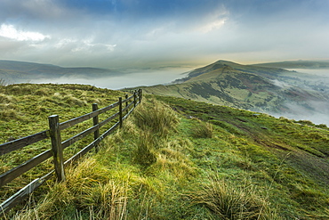 View from Mam Tor of fog in Hope Valley at sunrise, Castleton, Peak District National Park, Derbyshire, England, United Kingdom, Europe