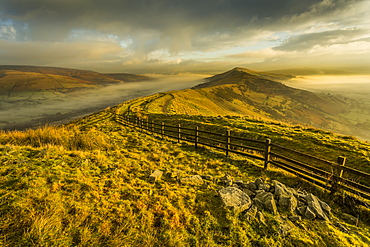 View from Mam Tor of fog in Hope Valley at sunrise, Castleton, Peak District National Park, Derbyshire, England, United Kingdom, Europe