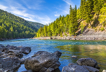 View of Clearwater River and meadows near Clearwater, British Columbia, Canada, North America