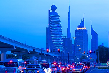 City skyline and car tail lights, Dubai, United Arab Emirates, Middle East