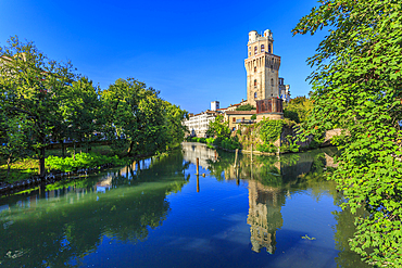 View of Museum of The Astronomical Observatory of Padua reflecting in river, Padua, Veneto, Italy, Europe