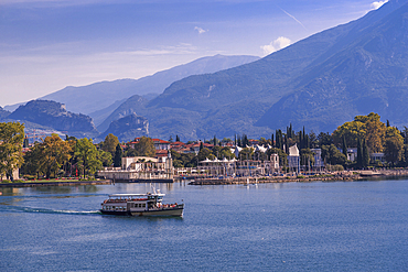 View of ferry leaving the harbour of Riva del Garda, Lake Garda, Trentino, Italian Lakes, Italy, Europe