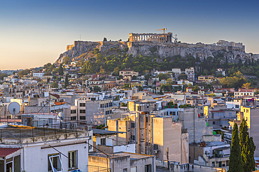 Elavated view of The Acropolis at dawn from the Monastiraki District, Athens, Greece, Europe