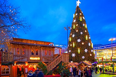 Christmas Market and the Biggest Christmas Tree in the World, Hansaplatz, Dortmund, North Rhine-Westphalia, Germany, Europe