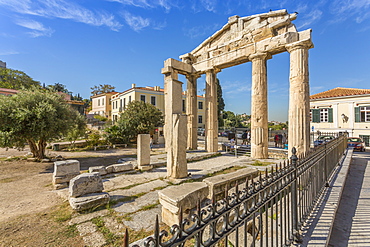 View of the Gate of Athena Archegetis, historical landmark at the foot of the Acropolis, Athens, Greece, Europe