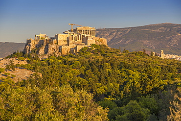 View of The Acropolis, UNESCO World Heritage Site, during late afternoon from Filopappou Hill, Athens, Greece, Europe