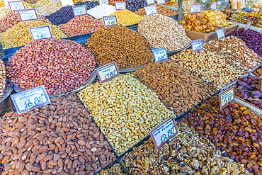 Nuts, dried fruits and raisins on produce stall in Central Market, Monastiraki District, Athens, Greece, Europe