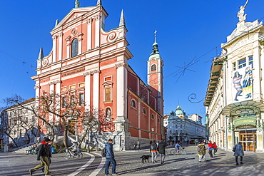 Ornate facade of Franciscan Church of the Annunciation in Plaza Presernov, Ljubljana, Slovenia, Europe