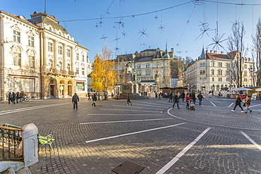 Ornate architecture in Plaza Presernov and castle visible in background, Ljubljana, Slovenia, Europe