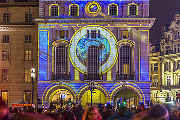 Illuminated building on Piccadilly Circus during London Lumiere, London, England, United Kingdom, Europe