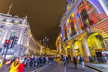 Illuminated building on Piccadilly Circus and Regent Street during London Lumiere, London, England, United Kingdom, Europe