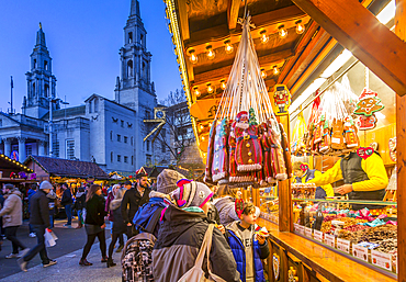 View of visitors and Christmas Market stalls at Christmas Market, Millennium Square, Leeds, Yorkshire, England, United Kingdom, Europe