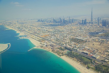 View of city skyline and Dubai Beach from seaplane, Dubai, United Arab Emirates, Middle East