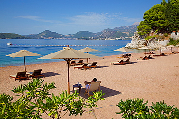 Beach scene, Sveti Stefan, Budva Bay, Budva Riviera, Montenegro, Europe