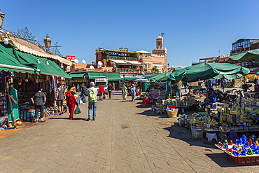 Various stalls on Jemaa el Fna (Djemaa el Fnaa) Square, UNESCO World Heritage Site, during daytime, Marrakesh, Morocco, North Africa, Africa