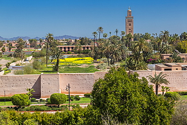 Elevated view of Koutoubia Mosque and city wall during daytime, Marrakesh, Morocco, North Africa, Africa