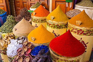 Bags of herbs and spices for sale in souk in the old quarter, Medina, Marrakesh, Morocco, North Africa, Africa