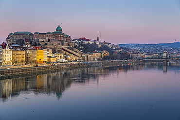 View of Budapest Castle reflecting in the Danube River during early morning, UNESCO World Heritage Site, Budapest, Hungary, Europe