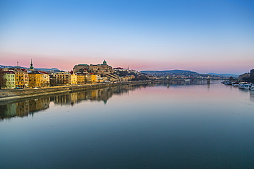 View of Budapest Castle reflecting in the Danube River during early morning, UNESCO World Heritage Site, Budapest, Hungary, Europe