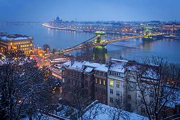 View of Chain Bridge, River Danube and Hungarian Parliament Building from Budapest Castle in winter, UNESCO World Heritage Site, Budapest, Hungary, Europe