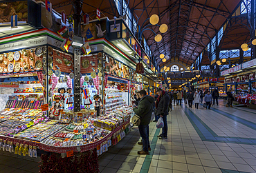 View of stalls in the interior of Budapest Central Market, Budapest, Hungary, Europe