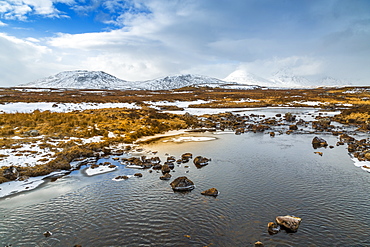 Scenic view of mountains and frozen water near Bridge of Orchy, Highlands, Argyll and Bute, Scotland, United Kingdom, Europe