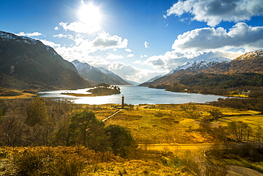 Sunshine and The Glenfinnan Monument beside Loch Shiel, Highlands, Scotland, United Kingdom, Europe