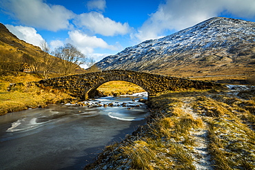 View of mountains and Cattle Bridge in winter, in the Argyll Forest and National Park, Highlands, Scotland, United Kingdom, Europe