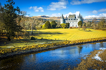 View of Inveraray Castle and River Aray, Argyll and Bute, Scotland, United Kingdom, Europe