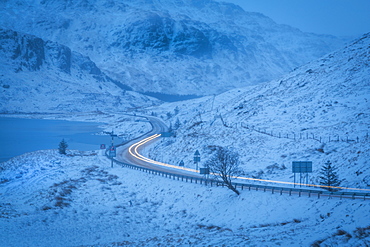 Scottish Highland road near Arrochar village in winter in the Loch Lomond and the Trossachs National Park, Stirling, Scotland, United Kingdom, Europe