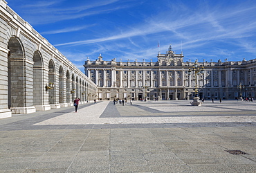 View of Royal Palace on bright sunny morning, Madrid, Spain, Europe