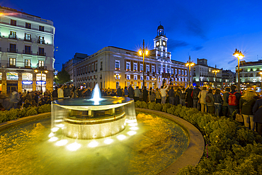 View of King Carlos lll statue and Easter Parade, Puerta del Sol at dusk, Madrid, Spain, Europe