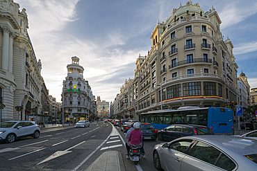 View of traffic on Gran Via at early evening, Madrid, Spain, Europe