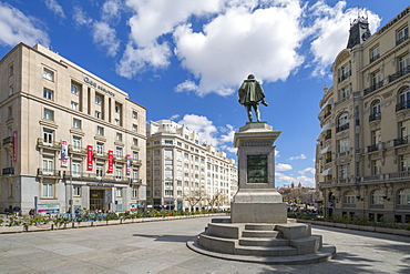 View of Michaeli de Gervantes statue in Plaza de las Cortes, Madrid, Spain, Europe